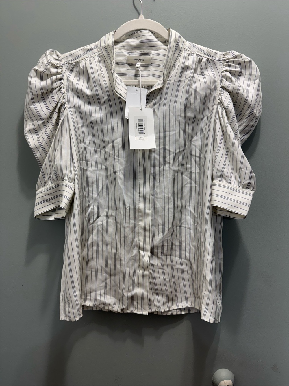 Frame Denim White and Gray Striped Puff Sleeve Button-Up Blouse